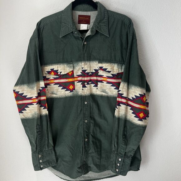 Vintage Wrangler Western Pearl Snap Shirt Large Men's Rodeo Cowboy Aztec Green - Picture 1 of 6